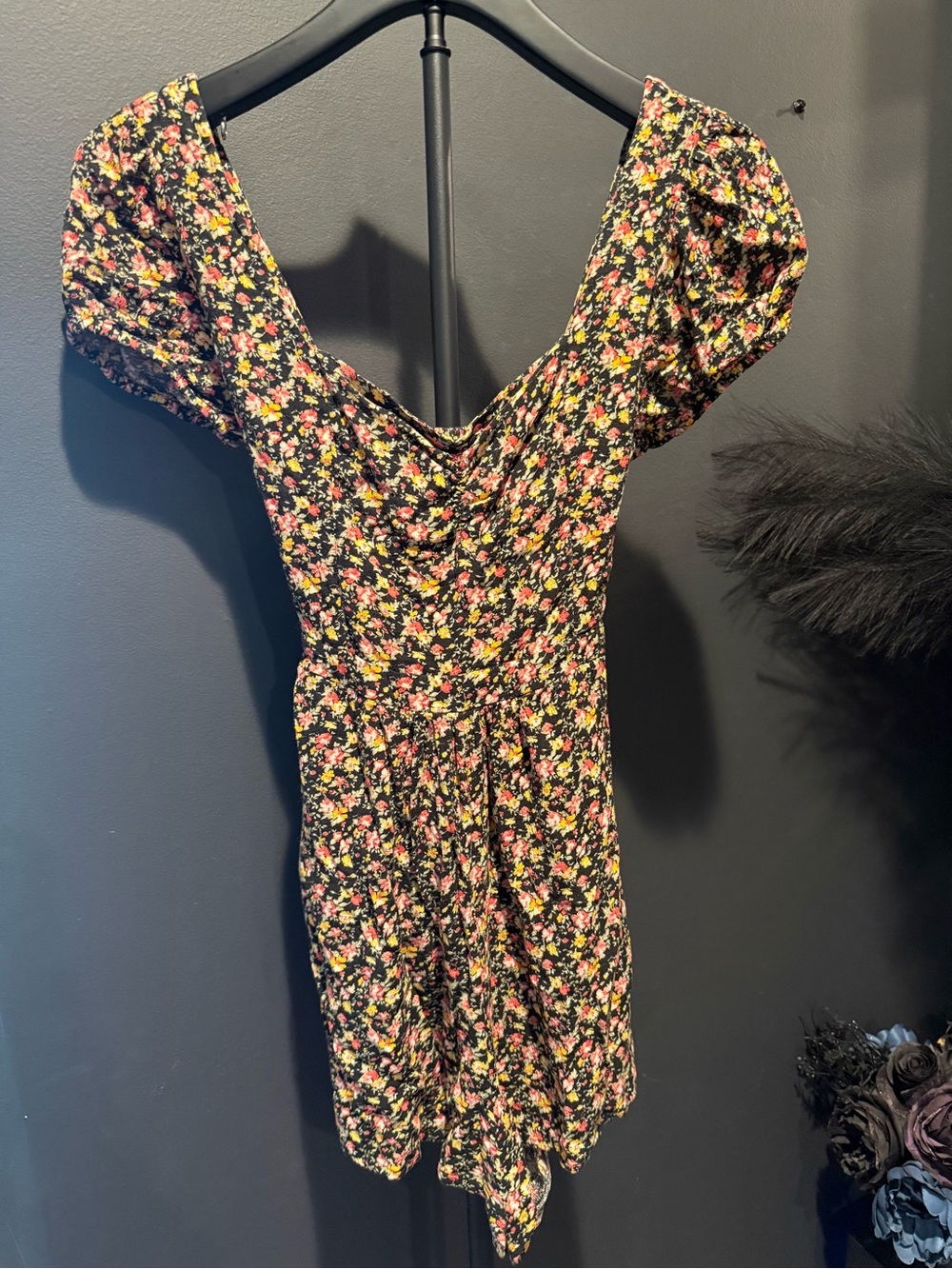 American Eagle Outfitters Black Floral Mini Dress with Pink & Yellow Blooms